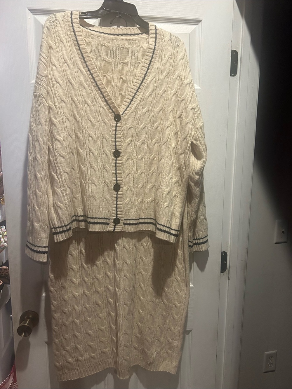 SHEIN Cream Cable-Knit V-Neck Cardigan & Skirt Set with Black Trim